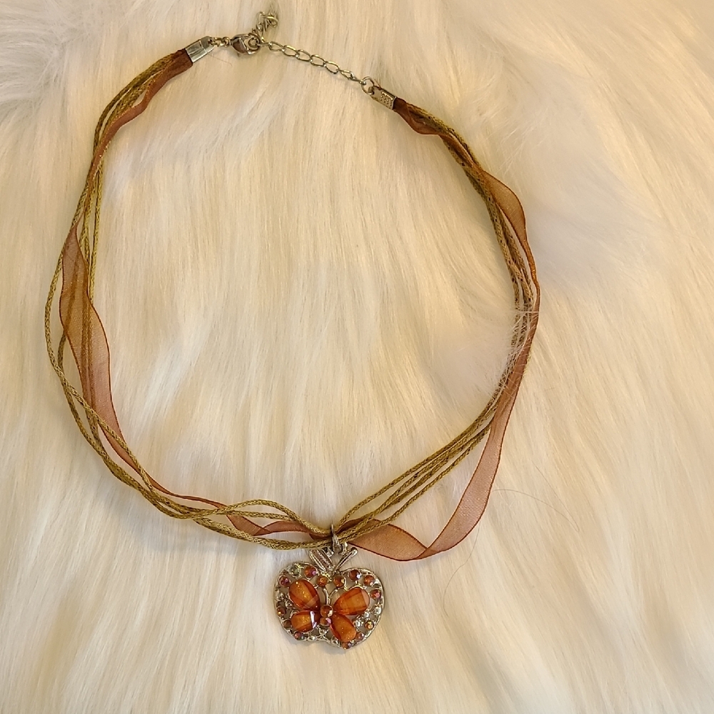 Elegant Butterfly Pendant Necklace in Gold and Brown.  15 Inches